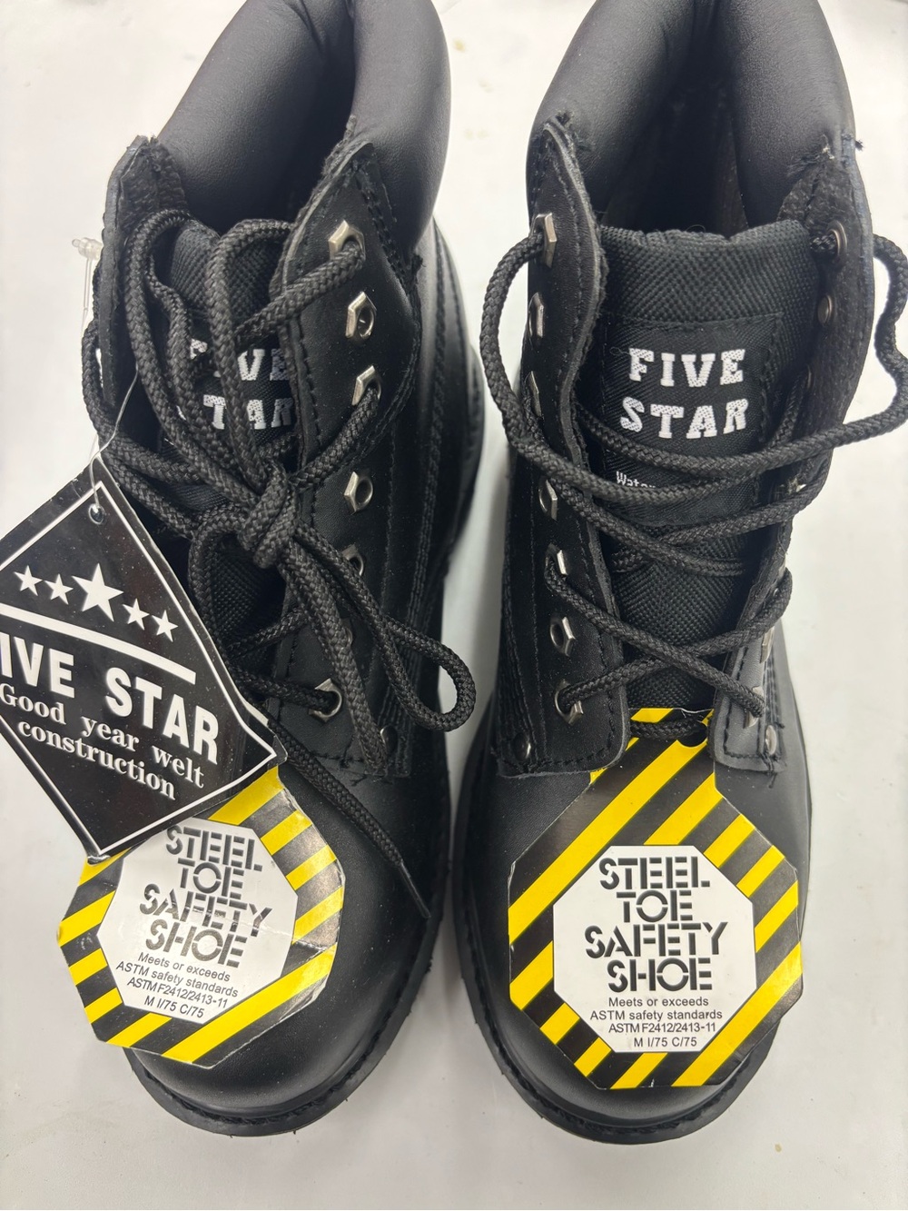 Five Star Black Kids Steel-Toe Work Boots with Yellow Safety Labels